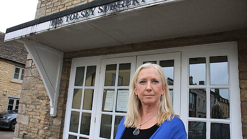 Roz outside Sherston Surgery