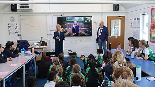 Roz Savage MP and Cllr Nick Dye talking at Cricklade Manor Prep School