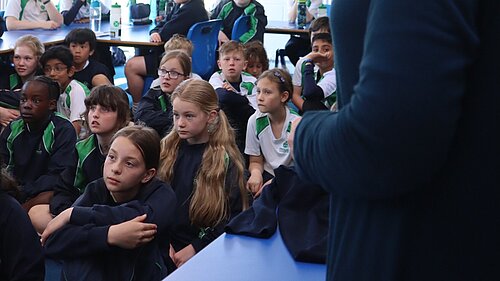 School children listening to Roz Savage