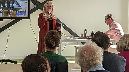 Roz Savage MP speaking at flooding summit in Cirencester, Gloucestershire