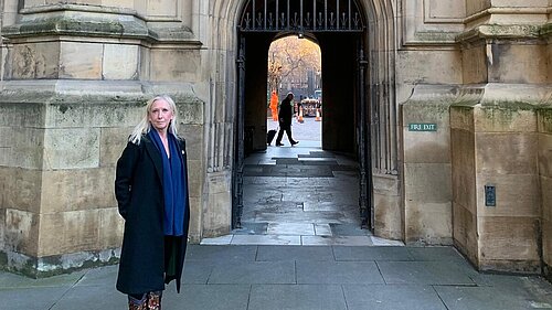 Roz Savage MP for South Cotswolds outside Parliament